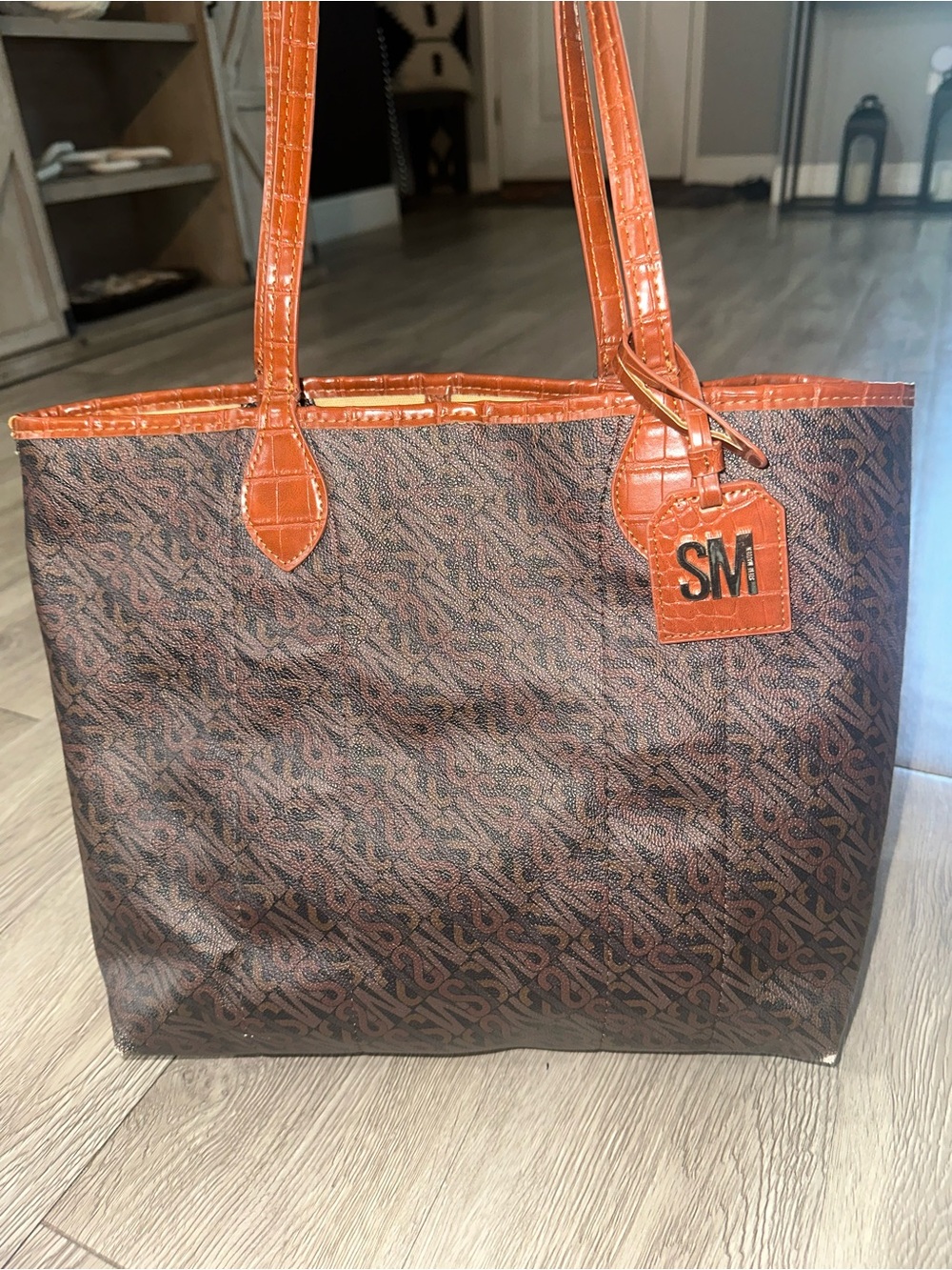 Steve Madden Daily Reversible Brown Monogram Tote Bag Purse